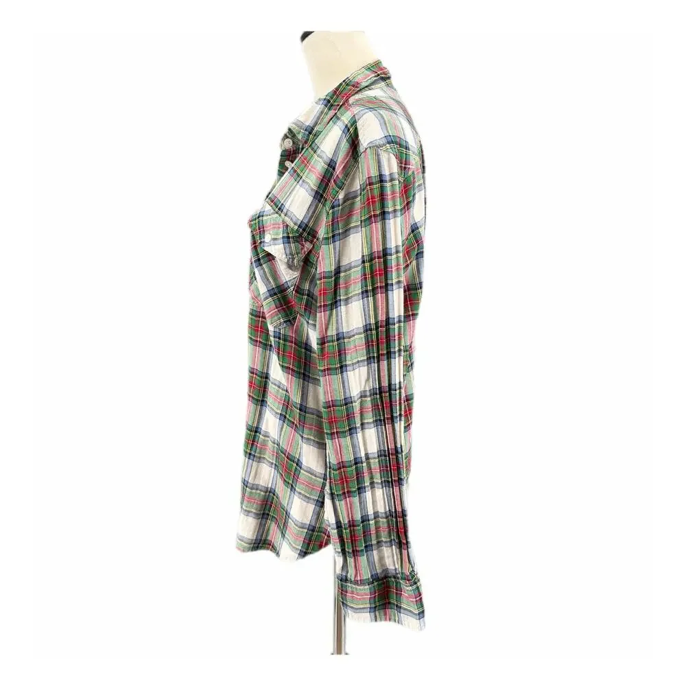 J. Crew Cotton Ivory Blue Green Plaid Plus Tartan Button Down Collared Top